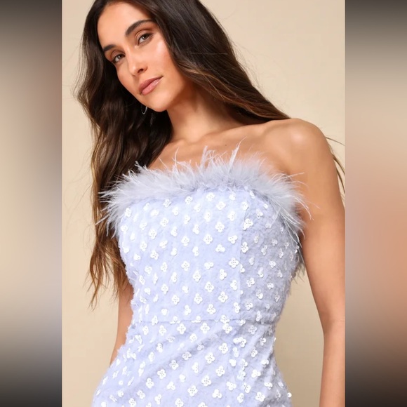 Lulus Sparkly Aura Light Blue Textured Sequin Feather Mini Dress - Picture 4 of 4